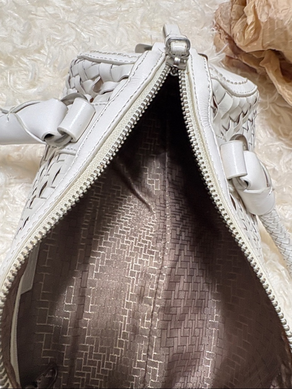 Cole Haan Woven White Leather East-West Satchel Double Braided Handles, 14 in. - Picture 6 of 10